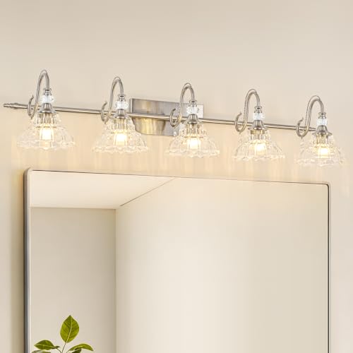 Image of Brushed Nickel Bathroom Vanity Light, 5-Light Nickel Finish Wall Sconce with Hanging Crystal Accents and Flower-Shaped Clear Glass Shades, Modern Wall Mount Vanity Light Over Mirror for Bathroom