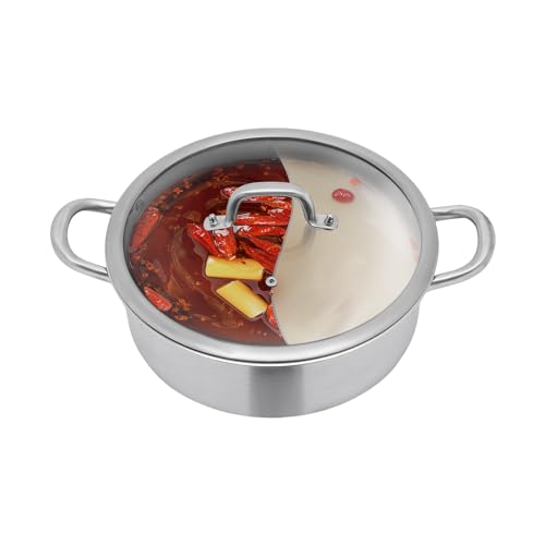 Stainless Steel Hot Pot with Divider, Hot Pot with Spoon Aad Leaky Spoon, with Glass Lid for Hotels, Restaurants, Homes