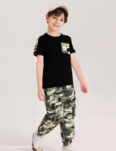 Image of mksodopy Boys Clothes Outfits Set, Camo Cargo Pants and Short Sleeve Pocket Tee 2PC Summer Tracksuit for Kids 5-16Y