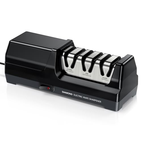 Elektrischer Messerschärfer mit 100% Diamant, Professionelle 3-stufiger 20 Grad Küchenmesserschärfer mit Präzisions-Winkelführung FüR Grob Schlerfen, Reparatur (Schwarz)
