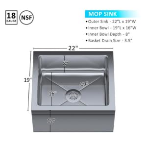 Express KitchQuip 304 Stainless Steel Floor Mop Sink | 19 in. x 22 in. x 12 in. Sink for Laundry, Kitchen Garage | NSF Certified