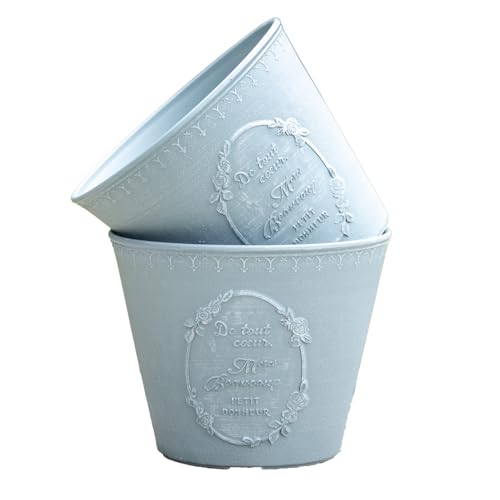 Image of Darthome Set Of 2 Blue French Country Planters 27x22x27cm Plastic Round Vintage Outdoor Plant Pots