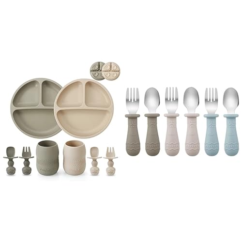 Image of PandaEar Silicone Baby Feeding Set & Toddler Utensils (Light Tan/Walnut/Blue)