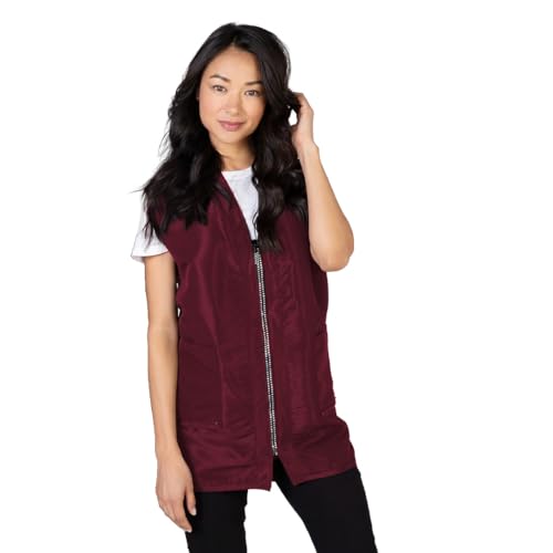 Betty Dain Glitz Rhinestone Zipper Salon Stylist Vest, Rhinestone Closure and Iridescent Fabric, V-Neckline, Adjustable Belt, Pockets with Zippered Bottoms, Water Resistant Lightweight, Burgundy, XL