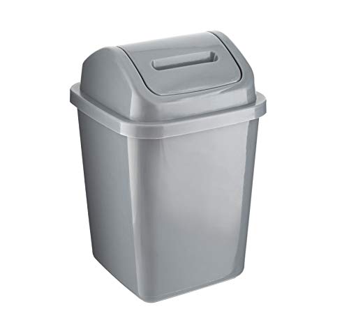 ZOOM Plastic Swing Top Bin 5L Waste Paper Rubbish Trash Can Square Small Swing Top Desktop Kitchen Bathroom Garbage Dustbin, 5 Litre (Silver)