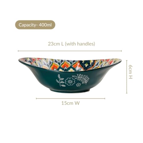Image of Nestasia Mandala Ceramic Serving Bowl with Handles (400 ml) - Microwave & Dishwasher Safe Pasta Bowl | Floral Bowl with Glossy Finish - Ideal for Soup, Curries, Snacks, Salad & Noodles (Green)