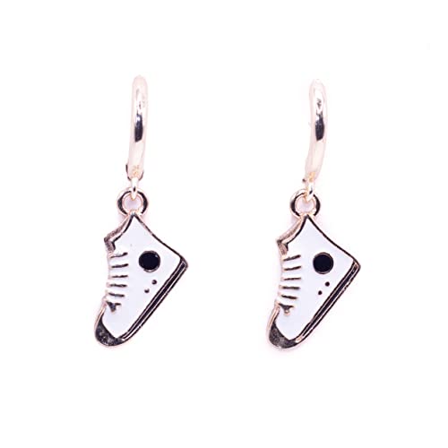 ZARZAMORA Pendientes Niña Aros Chapados en Oro de 14K- Pendientes Colgantes Divertidos Esmaltados en Forma de Zapatilla Deportiva-Cierre Fácil- Regalo Original (Blanca)