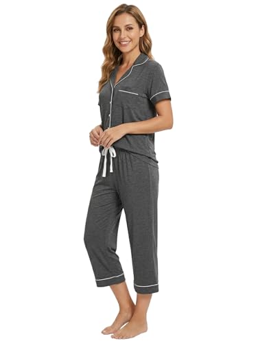 Image of Joyaria Bamboo Viscose Cooling Pajamas for Women Capri Button Front Pjs Set | Ideal for Night Sweats, Hot Sleeper Friendly, Breathable & Moisture Wicking, Short Sleeve Top