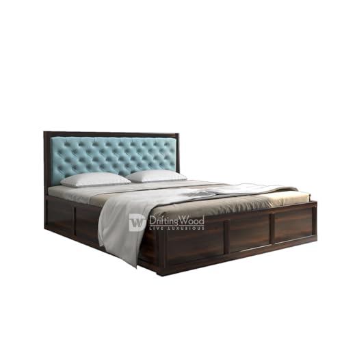 Image of DRIFTINGWOOD Dolvi Solid Sheesham Wood Queen Size Bed with Storage | Wooden Double Bed Cot Bed with Box Storage & Matt Cyan Velvet Upholstered Cushioned Headboard for Bedroom | Walnut Finish