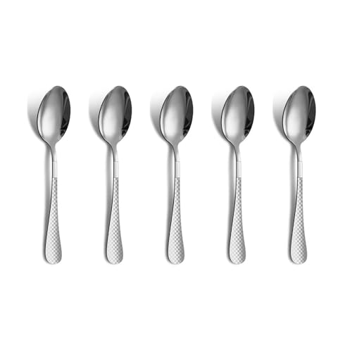 Image of 6.7 inch Sterling Silver Dessert Spoons Set of 5 with Checks Printed Handle ? Durable Stainless Steel Teaspoons, Mirror Polished Silverware Spoons, Perfect for Home, Restaurant, and Gifting