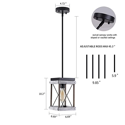Rustic Farmhouse Wood Pendant Light With Wood And Metal Cage, One-Light Adjustable Rods Mini Pendant Lighting Fixture For Kitchen Island Cafe Bar, Antique Gold And Black #TOP3