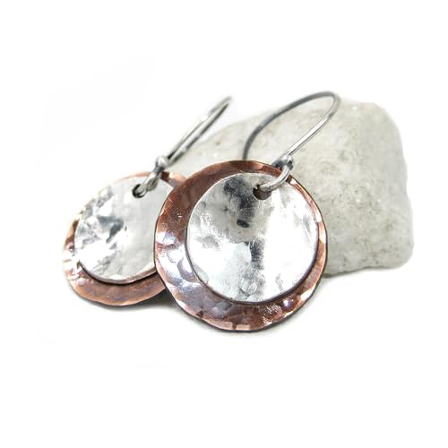 Mixed-Metal-Antiqued-Copper-Sterling-Silver-Earrings-Small-Upcycled-Hammered-Silver-Dangle-Earrings-Rustic-Minimalist-Boho-Jewelry-Copper-Earrings-Gift