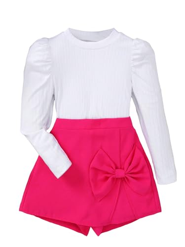 Image of Floerns Girl's Two Piece Outfit Puff Long Sleeve and Bow Front Skorts Set