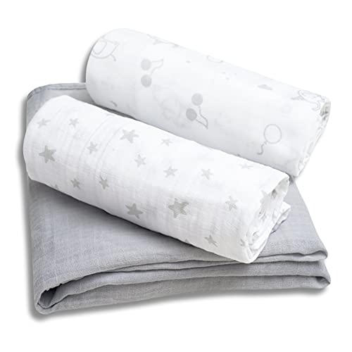 Image of david's kids 3 Pack Baby Muslin Swaddle Blankets, 100% Cotton and Ultra Soft Breathable Receiving Blanket Wrap for Boys Girls, New Born Essentials, Large 47 x 47 inches, Grey/Elephant/Stars