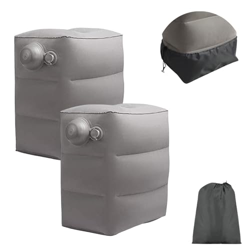 Image of Inflatable Foot Rest Pillow with Innovative No Mouth Blow Single Built In Pump Nozzle - Portable Travel Leg Support & Seat Extension for Airplane, Office, Car, Home & Camping (Pack of 2, Grey)