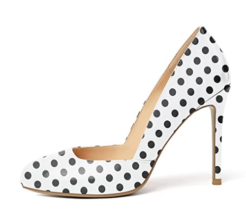 YODEKS Women's High Heel Pumps, Round Toe Slip on, D'Orsay for Work Daily Life Party Casual Dress Shoes US Size 9 Black Polkadot
