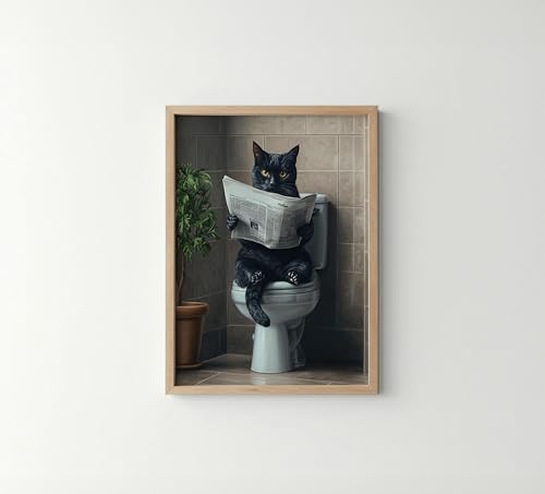 Image of Cat Black on Toilet Wood Framed Wall Art Print Poster, Dog Bathroom Humor Decor Posters Prints for Restroom Home Picture Painting Artwork Gallery 7 (Cat Black, 11 inchW x 14 inchL, Wood Frame)