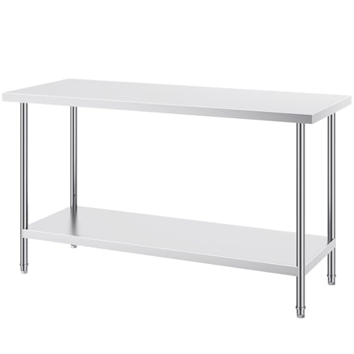 Happybuy Stainless Steel Prep Table, 24 x 60 x 34 Inch, 840 lbs Capacity, Heavy Duty Metal Worktable, 3 Adjustable Heights, Commercial Kitchen Workstation, Garage, Restaurant, Backyard