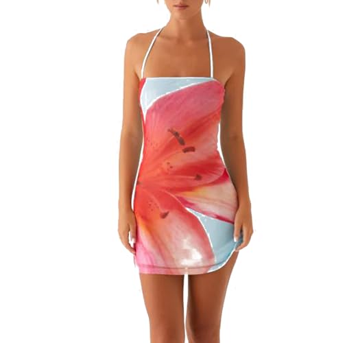 Image of Women Floral Spaghetti Strap Mini Dress Summer 3D Flower Embroidery Sleeveless Backless Short Dress Nightclub