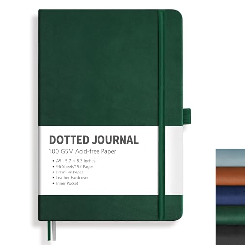 RETTACY Notizbuch A5 Dotted mit 100g/m² Papier - Gepunktet Hardcover Bullet Journal, 192 Seiten mit Rücktasche für Künstler, Berufstätige & Studenten, 14.5x21 cm Dunkelgrün