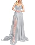 Jorshiman Silver Prom Dress with Slit 2025 A Line Satin Formal Dress Long V Neck Evening Ball Gowns US28W