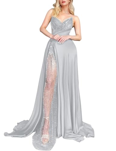 Jorshiman Silver Prom Dress with Slit 2025 A Line Satin Formal Dress Long V Neck Evening Ball Gowns US28W
