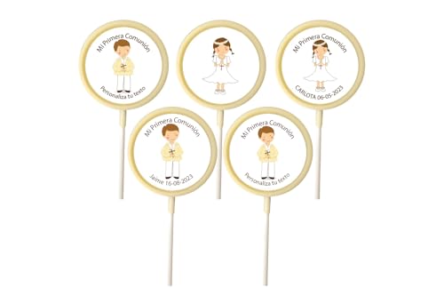 Piruletas Chocolate Comunion - Personalizadas - Pack Artesanal 25 Unid - Sin Gluten Cacao 100% NATURAL - Cumpleaños - Bodas (Chocolate Blanco)