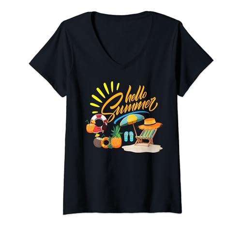 Womens Hello Summer Cute End Of School Year Teacher Summer Vacation V-Neck T-Shirt