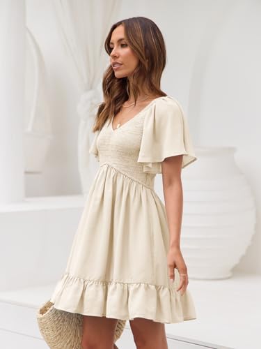 Image of LILLUSORY Women's Flowy Casual Mini Dresses 2026 Summer Graduation Smocked V Neck Vacation Dress Dress with Pockets
