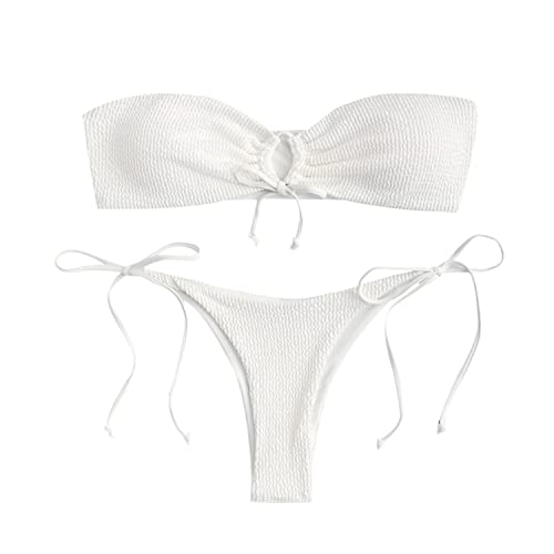 Zaful Women O Ring Bandeau Bikini Set, Strapless Swimsuit Tie Bikini High Cut 2 Pieces Bathing Suit(5-White,L) #TOP3