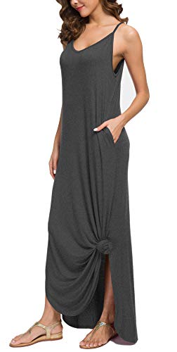 GRECERELLE Women’s Summer Casual Plain Loose Beach Cover Up Long Maxi Cami Dress with Pockets Dark Gray-S