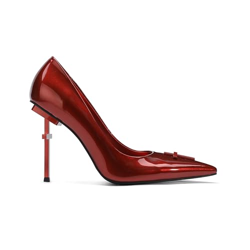 Women's Heeled Pumps Metallic Red Patent Leather High Heel Shoes Cross Detail Stiletto Heels Shoes Pointed Toe Design Dress Shoes