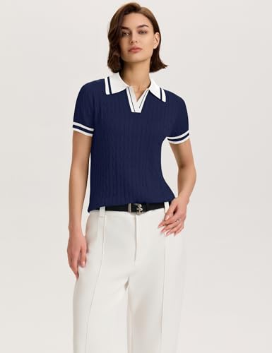 Image of Micoson Womens Short Sleeve Sweater Tops Lapel V Neck Polo Shirts 2026 Summer Cable Knit Loose Blouse Business Casual Outfits