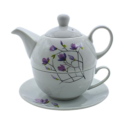 Tetera de porcelana, juego de té para uno, tetera para té, tetera con tetera, juego de tetera de flores con taza de té de porcelana en flores blancas y moradas, 15 x 15 x 16 cm Tetera de porcelana, juego de té para uno, tetera para té, tetera con tetera, juego de tetera de flores con taza de té de porcelana en flores blancas y moradas, 15 x 15 x 16 cm