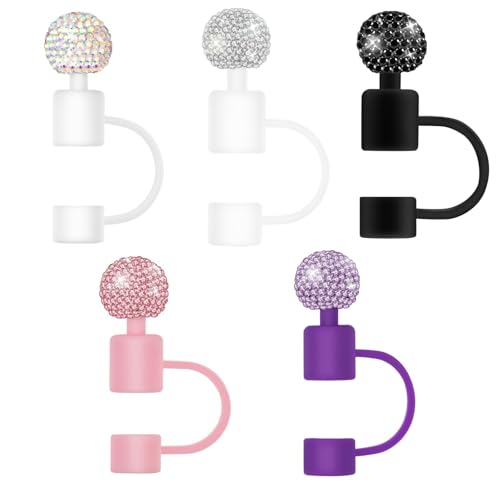 Veseek Bling Tumbler Straw Topper 5Pcs Cute Diamond Straw Cover Cap for Stanley Cup Silicon Straws Toppers Covers for Water Bottle Accessories(White/Pink/Black/Purple/Colorful）