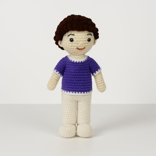 Image of Sutra Handmade Crochet Boy Doll in Purple Top & White Pants | Wool Amigurumi Plush Toy | Soft Handmade Gift for Kids, Nursery & Home Decor