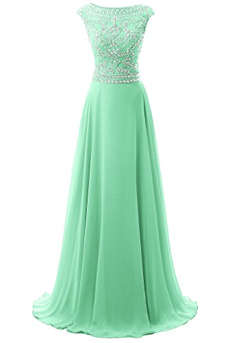 Women's Long Chiffon Bridesmaid Dress Cap Sleeves Beaded Prom Eveing Gown - Mint - 14