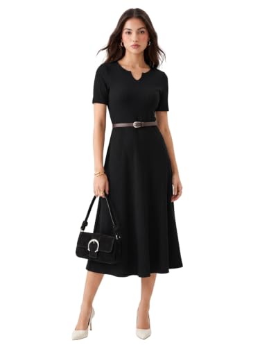 Image of Selvia Women Textured Lycra V-Neck A-Line Dress with Belt