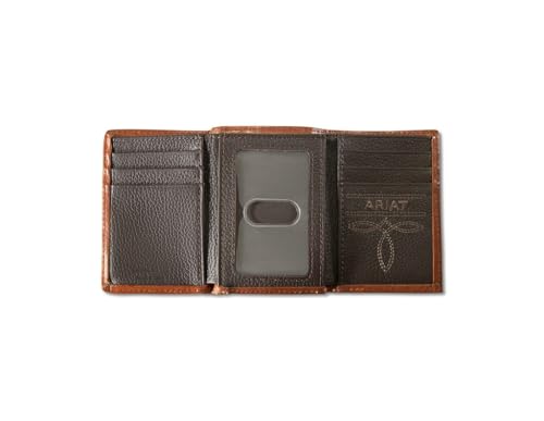 ARIAT Mens Tri-fold Wallet Leather Calf Hair Laser Etched Logo Brown A35644022