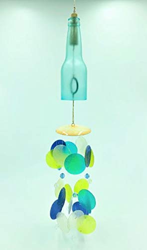Handcrafted Sustainable Patio Garden Wind Chime 25” Upcycled Sea Aqua Marine Teal Bottle, Handmade Ecofriendly Philippine Ocean Beach Capiz Shell, Natural Filipino Jute Rope, Sun-Catcher Bead Accent
