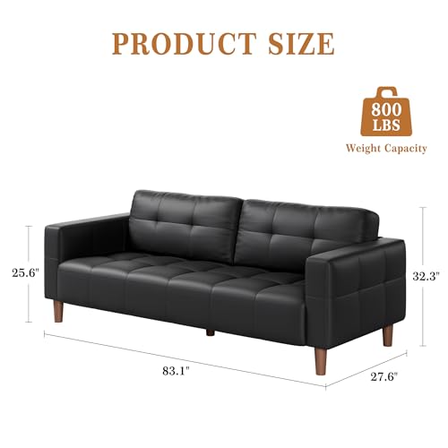Image of IDEALHOUSE 83 inch Black Faux Leather Couch, 3 Seater Sofa Couches