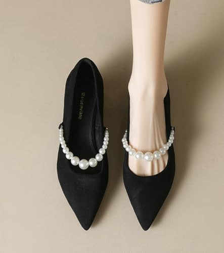Suede Mary Jane Shoes Women Chunky Low Heels Pearl Strap Pumps Flat Shoes Dressy Pointed Toe Ballet Flats Causal Slip on Daily Dress Shoes2