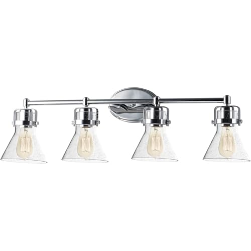 Image of Maxim Lighting Seafarer 4-Light Bath Vanity Light | Polished Chrome Steel Finish | Seedy Glass Shade | Industrial Indoor Light Fixture | Ideal for Bathrooms & Powder Rooms | Dimmable | 26114CDPC