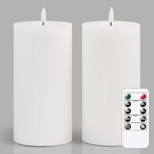 Image of Flameless Flickering 4 inch x8 inch Real Wax White Remote Candles with Candle Grease, Pack of 2 Timer LED Battery Operated Fake Warm Light Pillar Candles for Home, Banquet, Ceremony Decoration