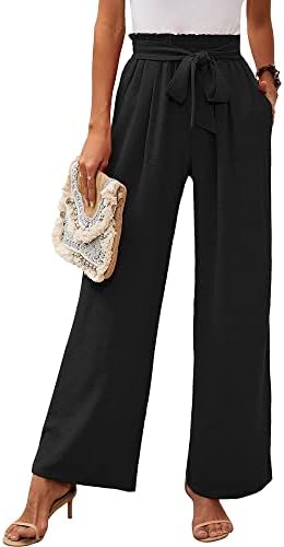 Heymoments Wide Leg Women Pants Casul Lightweiht Waisted Adjustable Tie Knot Loose Comfy Flowy Casual Black Large Trousers with Pockets