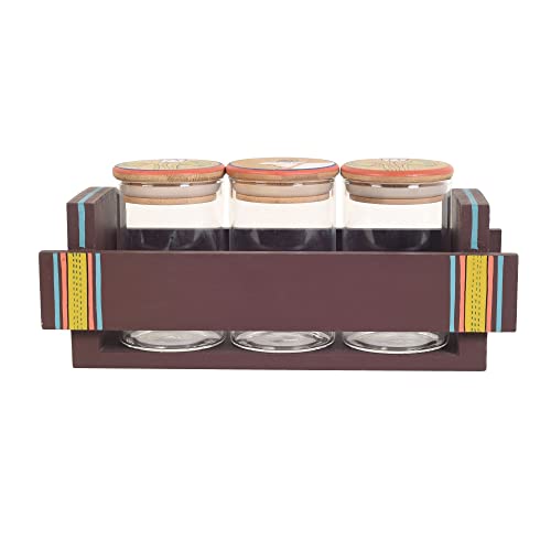 Image of AAKRITI ART CREATIONS Pichhwai Storage Containers for Nuts and Seeds S03 | Jar Holder with 3 Glass Jars | Handcrafted Pichhwai Art Storage Jars | Kitchen Decoration Items Stylish Jars