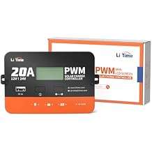 LiTime 12V/24V 20Amp PWM Solar Charge Controller No Build-in Bluetooth with LCD Display & USB Output for FLA, Gel, SEL and Lithium Battery