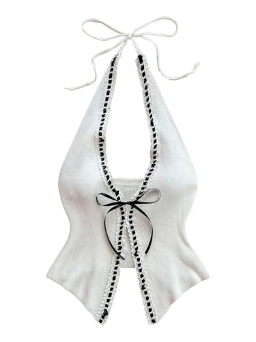 Milumia Women's Split Tie Bow Front Neck Hater Top Sleeveless Sexy Backless Knitted Tank Tops