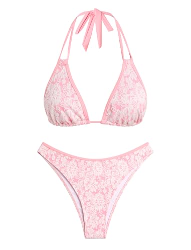 Image of ZAFUL Women Halter Dual Straps Whip Stitch Floral Triangle Bikini Swimsuits