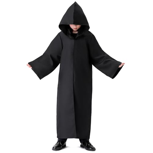 Banchif Tunique Cape Noire à Capuche Cape Halloween Enfant Cosplay Carnaval Garcon Costume Medieval Enfant Costume (Noir, 110)